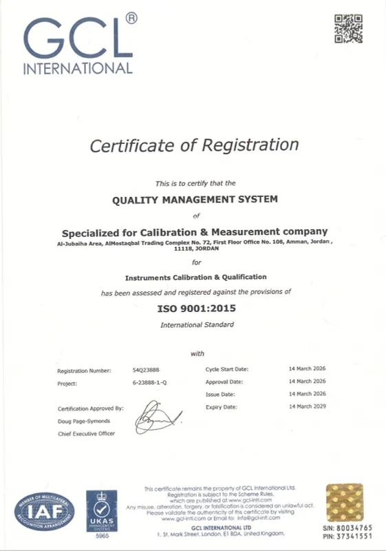 ISO 9001:2015 certificate of registration issued by GCL International